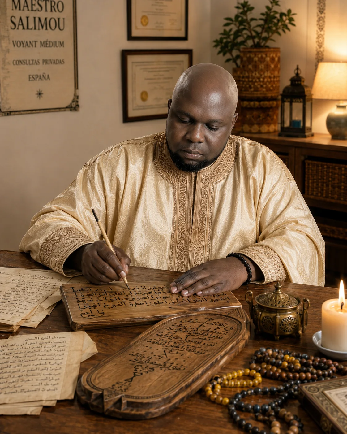 Maestro Salimou preparando un trabajo espiritual para un caso profesional difícil