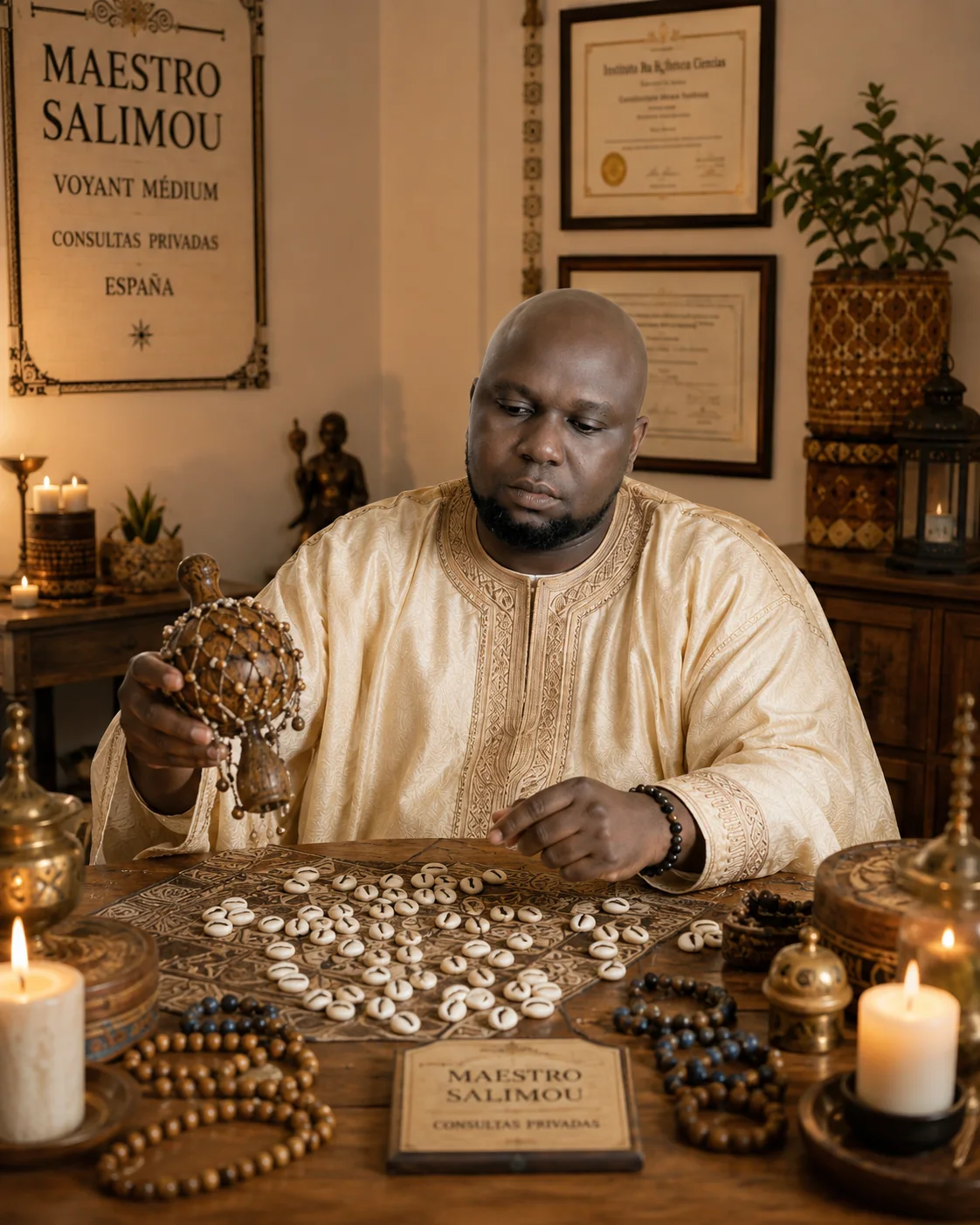 Maestro Salimou durante un trabajo de limpieza espiritual con cauris y calabaza
