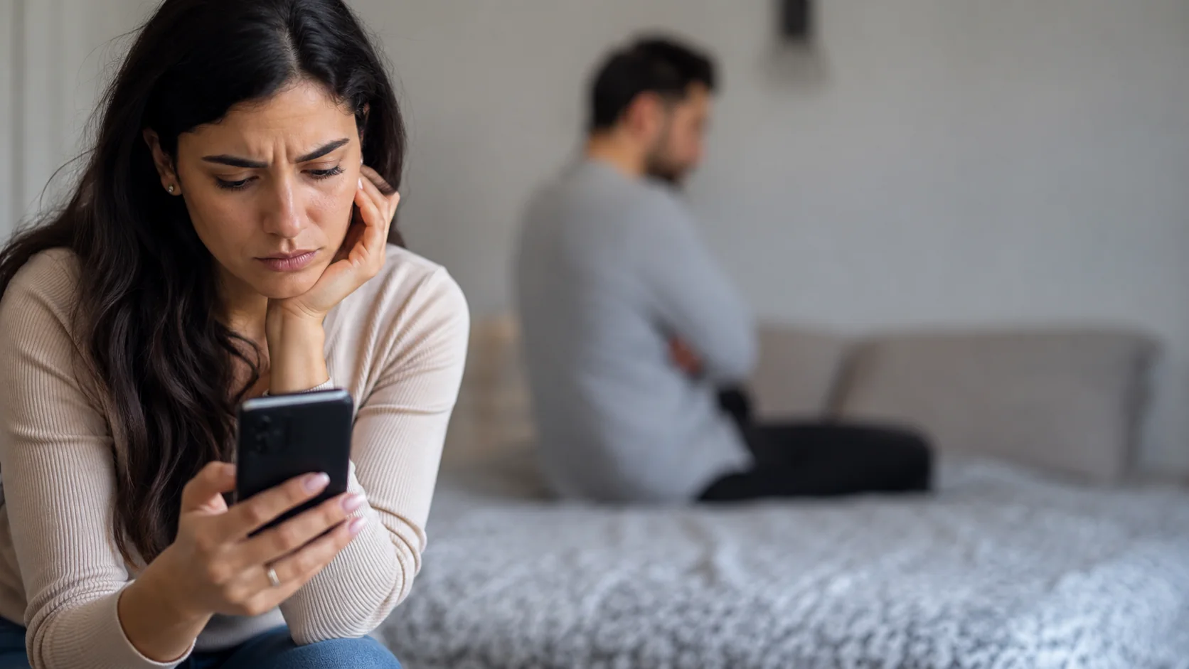 Mujer preocupada por una infidelidad mientras su pareja se distancia