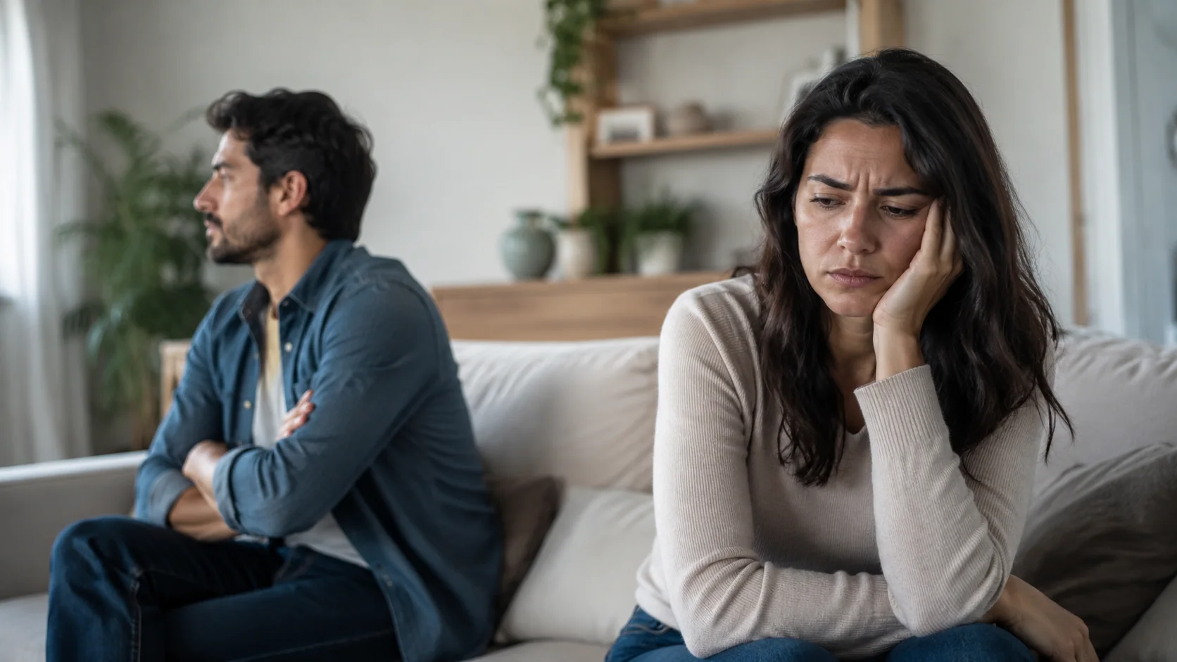 Pareja española en tensión y distanciamiento emocional en el sofá