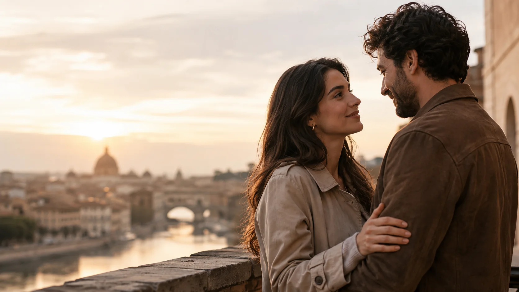 Pareja reconciliada mirándose con ternura al atardecer