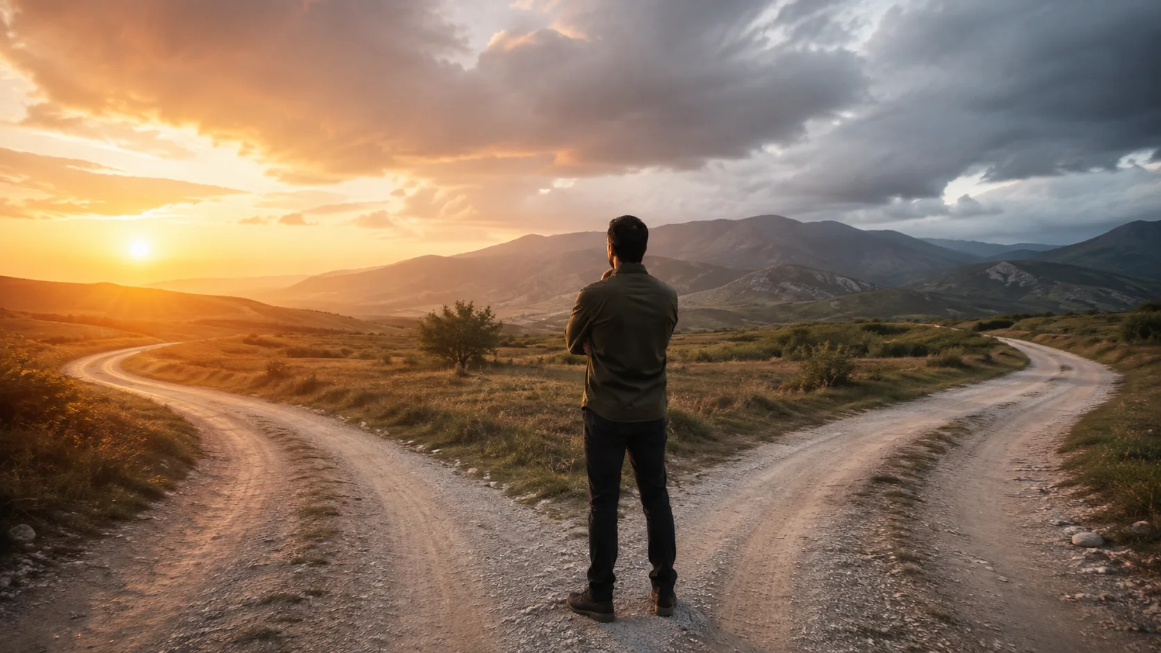 Hombre en una encrucijada simbolizando decisiones, destino y orientación espiritual