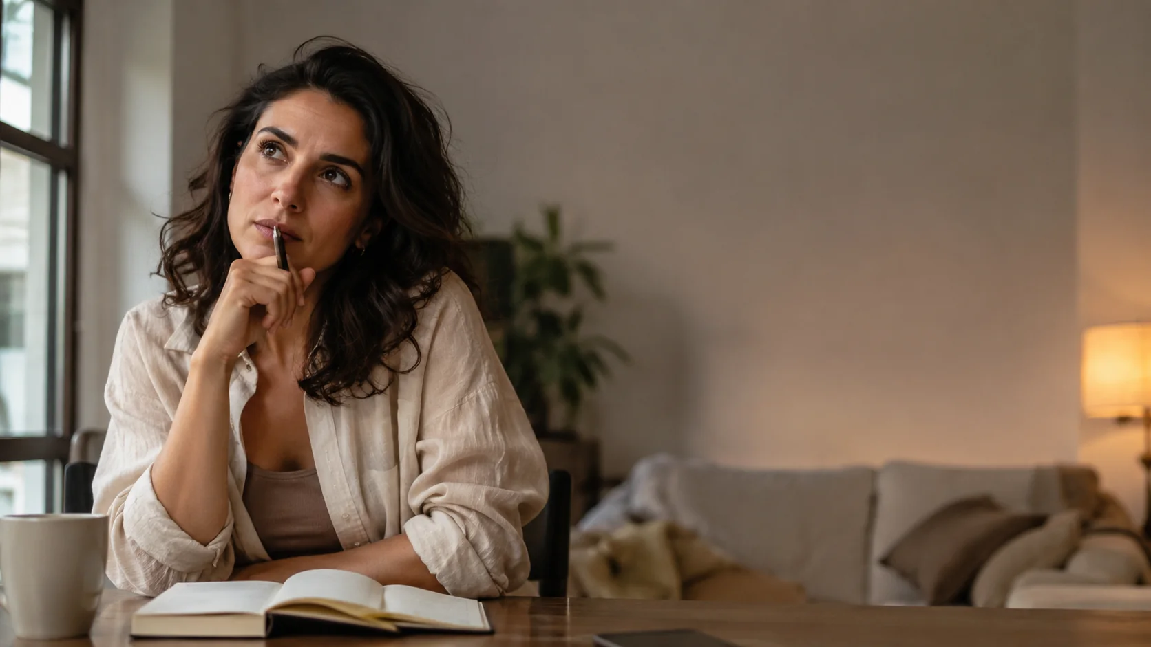 Mujer reflexionando con dudas y preguntas antes de una consulta de videncia